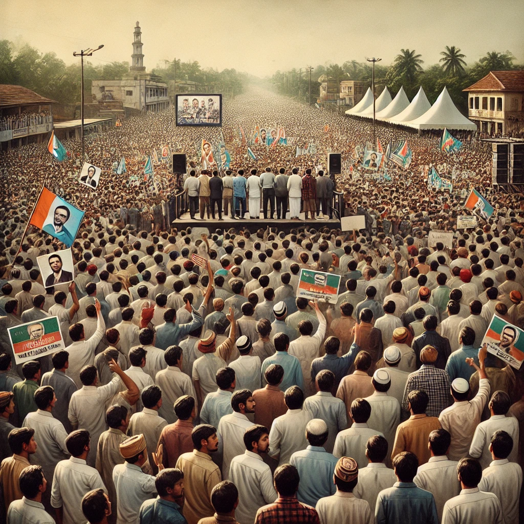 DALL·E 2024-10-16 14.38.44 - A massive public gathering for an election, with a diverse crowd of people filling a large open area. The scene shows men and women of different ages
